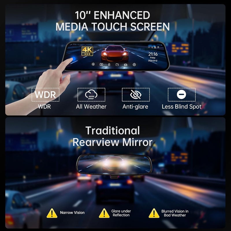 Veement 4K Rear View Mirror Camera, 10'' 4K Mirror Dash Cam with 1080P Backup Camera, Dash Cam Front and Rear for Car with Voice Control, 24H Parking Mode, Night Vision, 32GB SD Card Included - Image 3